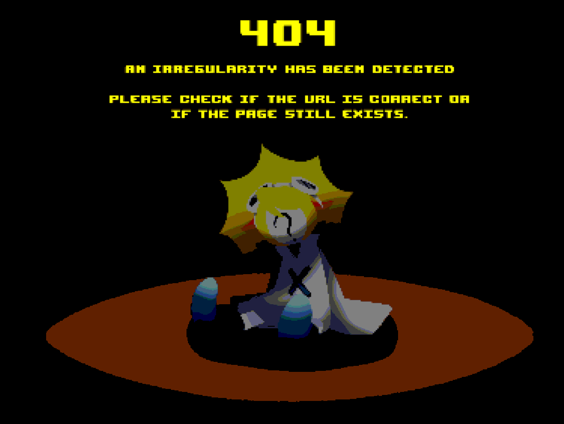 An image which depicts a character slouchig in a pitch black room with an orange light above. The character has yellow hair that resembles the sun, a dress with an x on it, blue boots, and goggles. The character's face is replaced with a question mark. Above them is yellow text that reads '404. An irregularity has been detected. Please check if the URL is correct or if the page still exists.'