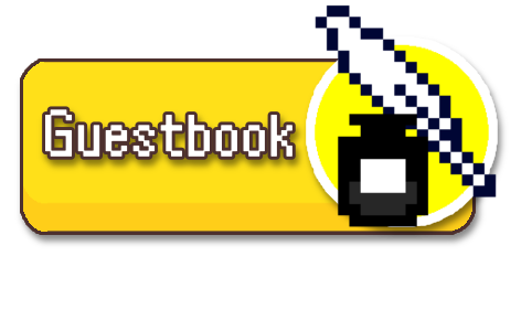 A button that has a yellow background with the words 'thanks for the visit' repeated. Inside the button is an open notebook with a brown cover. In front of the button is big pink text that says 'Guestbook' 